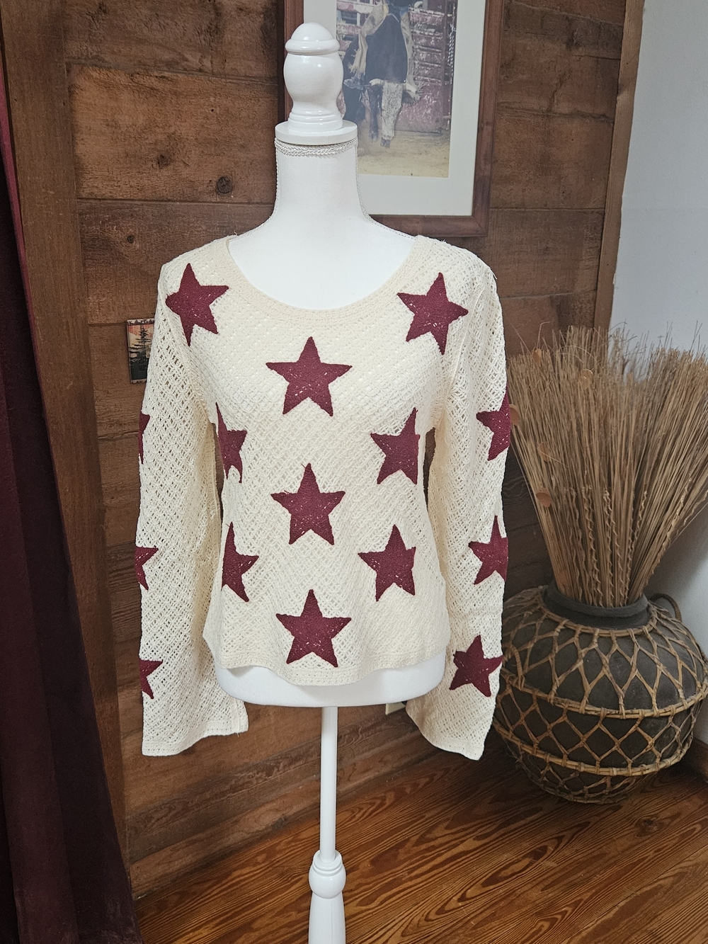 Rebellion Cream Knit Sweater with Wine Star Appliqués